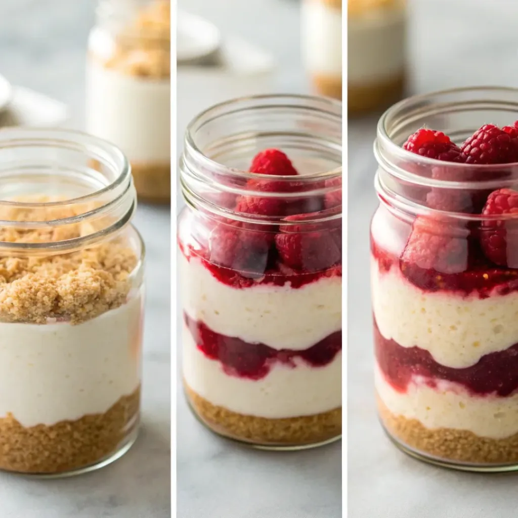 No Bake Raspberry Cheesecake Jars – Easy Make-Ahead Dessert 7 Step-by-step collage of no bake raspberry cheesecake jars