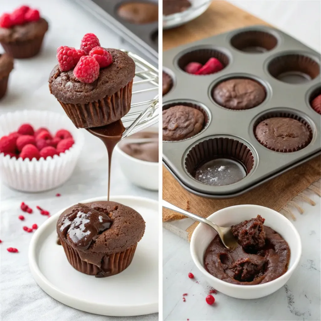 Raspberry Chocolate Lava Cupcakes – Decadent Dessert 7 Step-by-step collage showing raspberry chocolate lava cupcake preparation