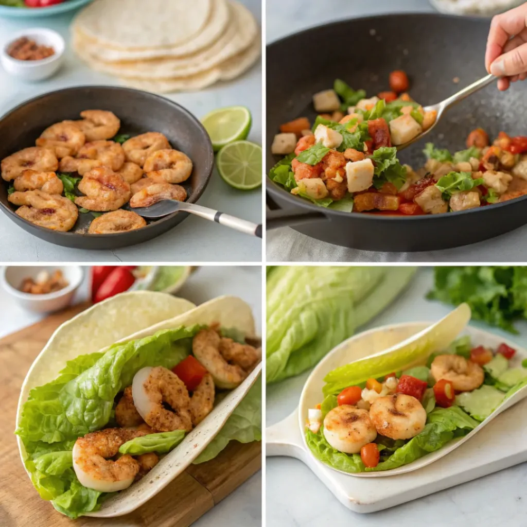 Step-by-step collage showing shrimp lettuce tacos preparation