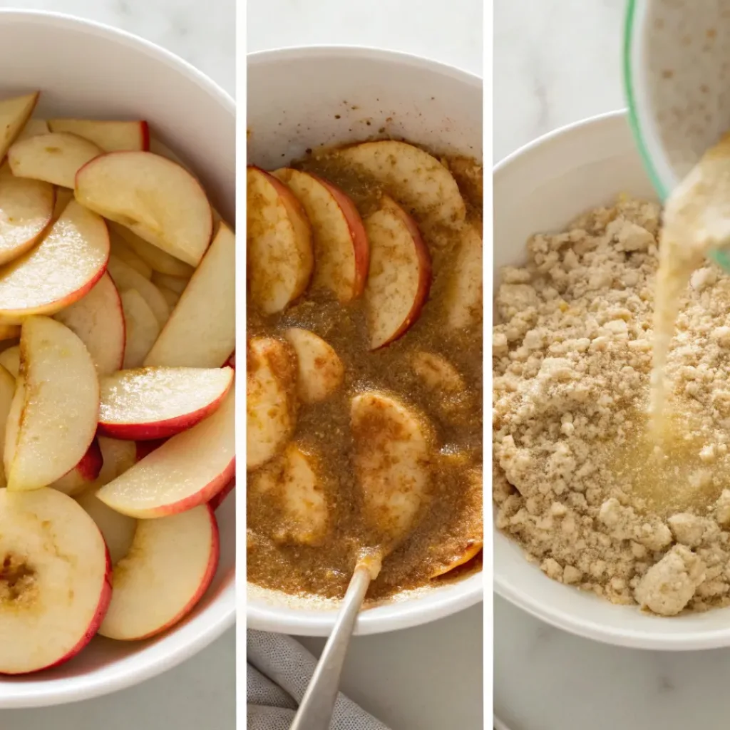 Step-by-step collage showing apple crisp preparation