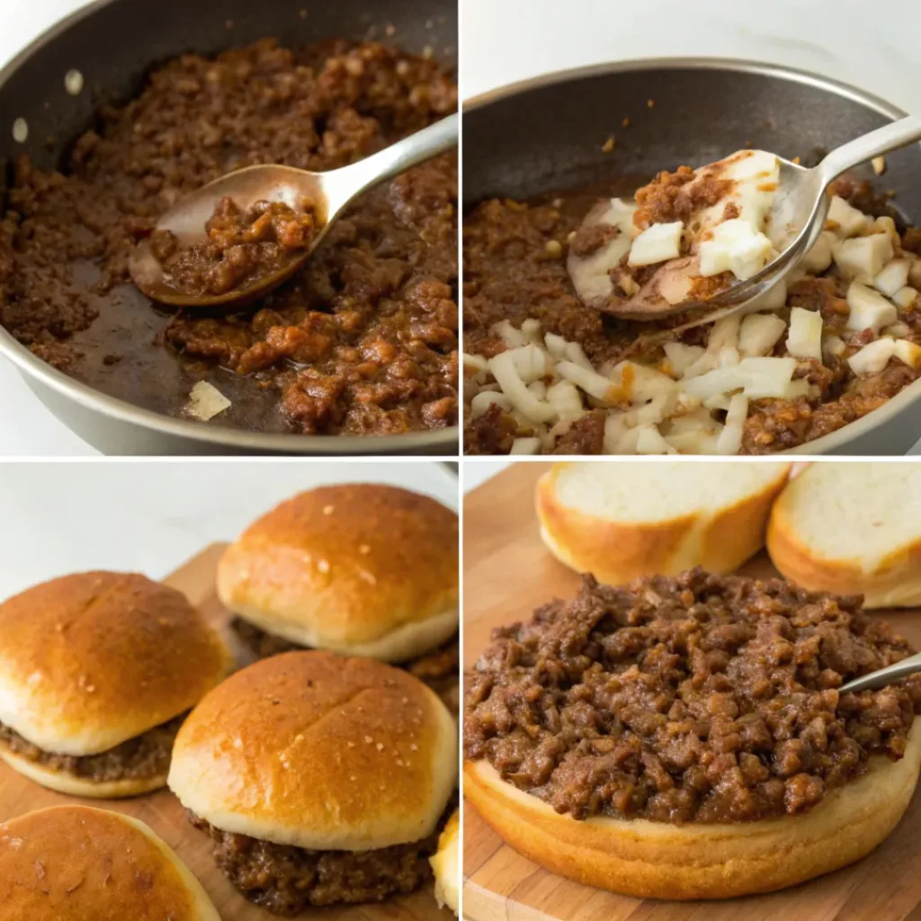 Sloppy Joes – Classic Savory Sandwiches 7 Step-by-step collage showing Sloppy Joes preparation