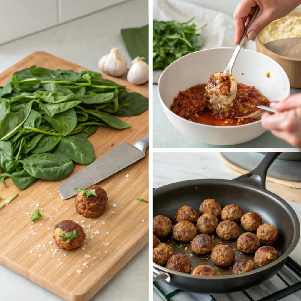 Step-by-step collage of spinach garlic meatballs preparation
