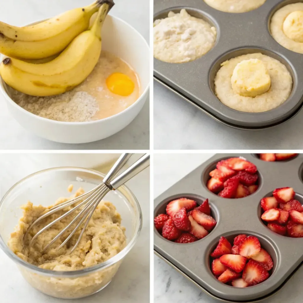 Step-by-step collage showing banana mashing, mixing batter, and filling muffin tin.