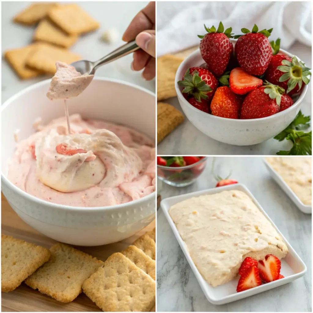 Quick Strawberry Cheesecake Dip 7 Step-by-step collage showing strawberry cheesecake dip preparation