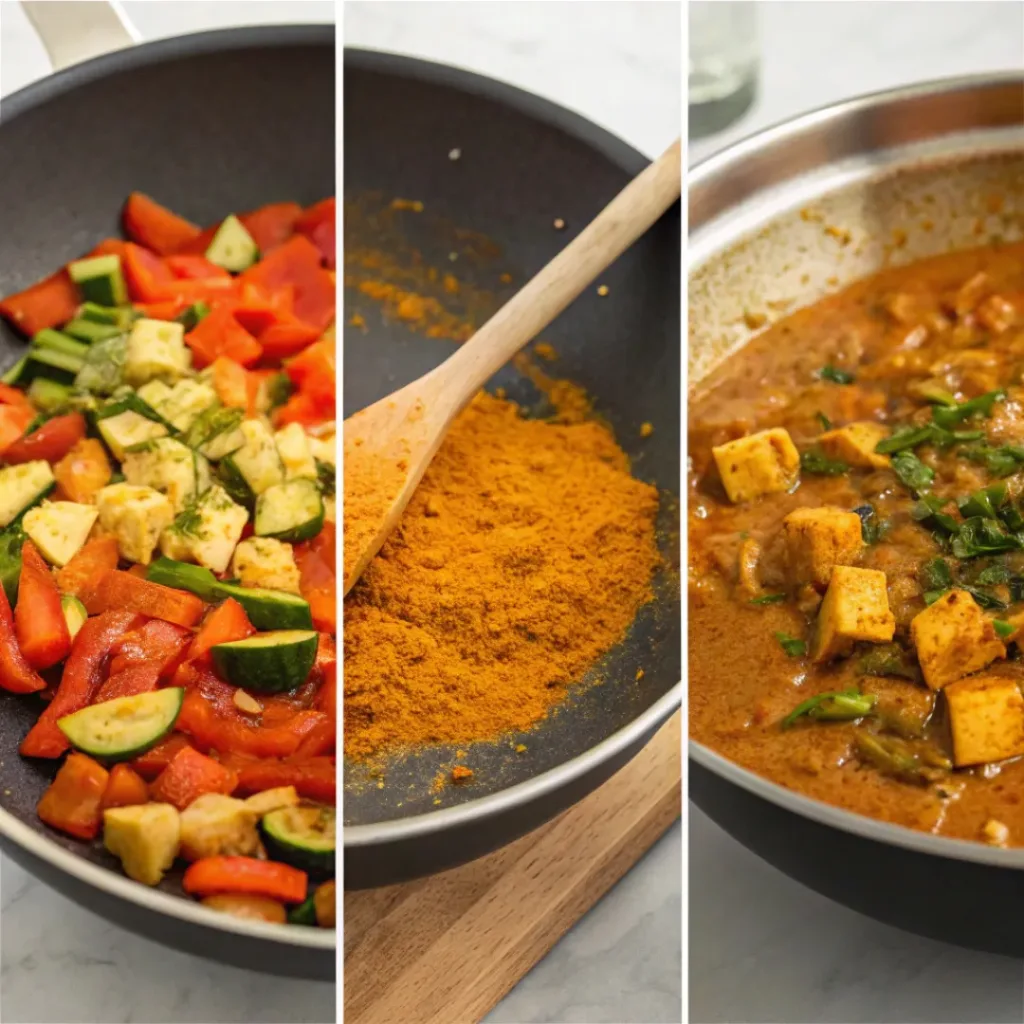 Step-by-step collage showing vegetable curry preparation