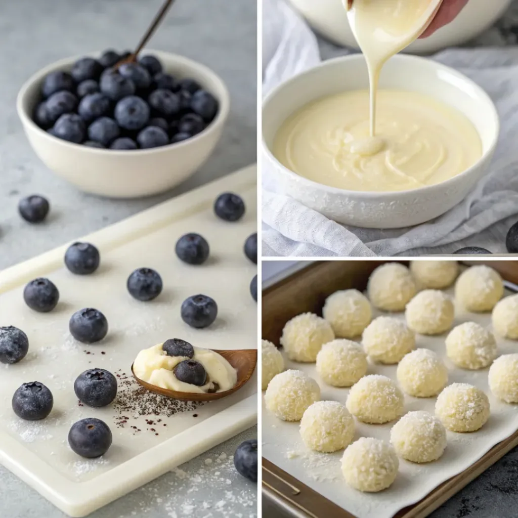 Step-by-step collage of white chocolate blueberry truffle preparation