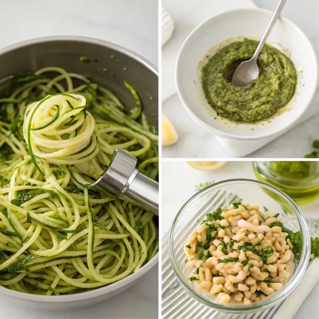 Zucchini Noodles with Pesto – Quick & Healthy Dinner 7 Step-by-step collage showing zucchini noodles with pesto preparation
