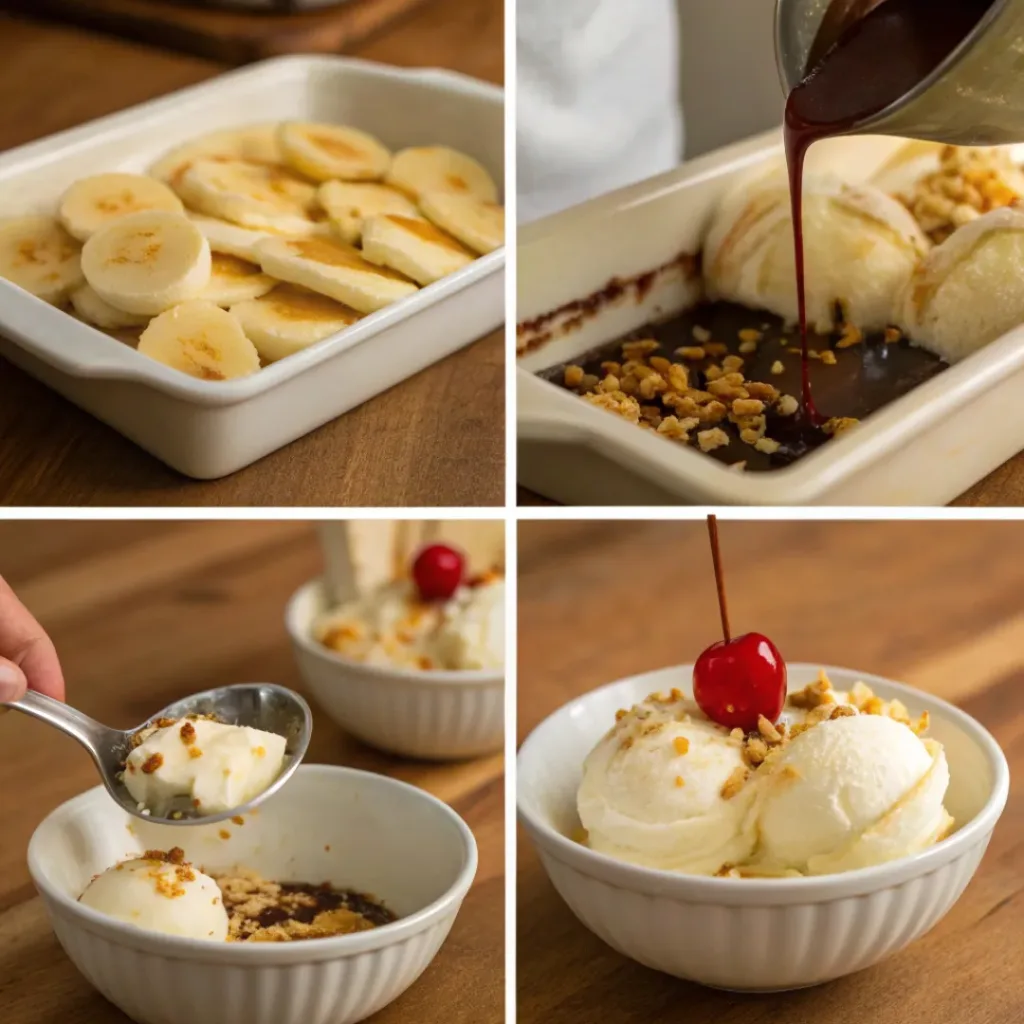 Steps of preparing a homemade banana split