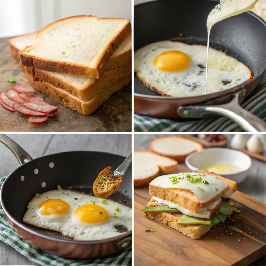 Step-by-step collage of fried egg sandwich preparation