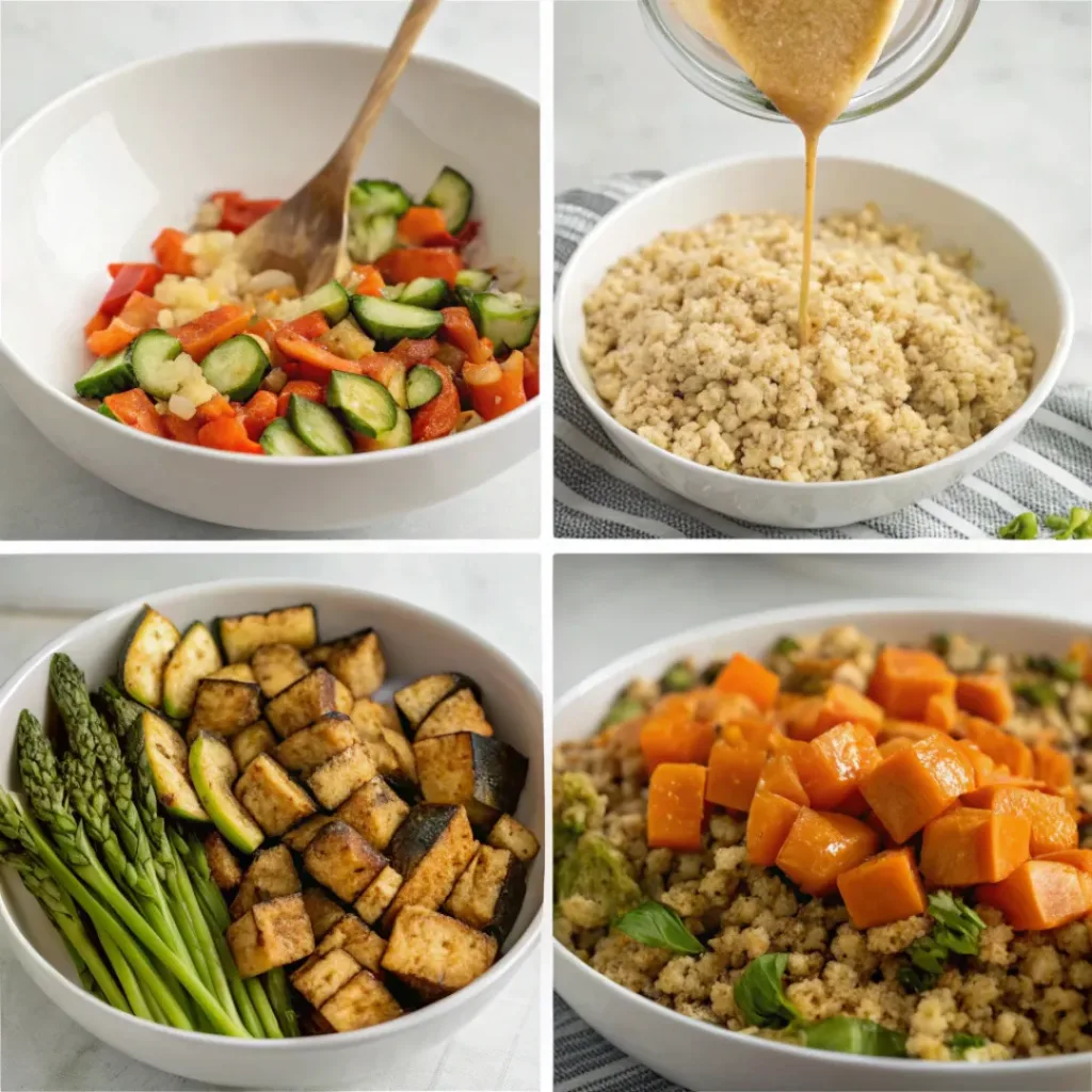 Step-by-step collage showing vegetable grain bowl preparation