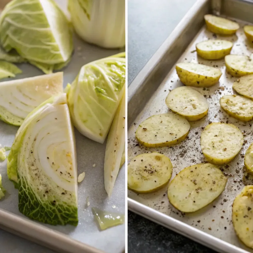 Step-by-step collage of cabbage and potato roasting process