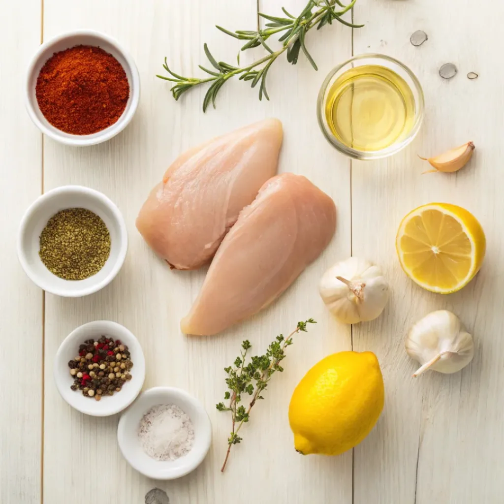 Flat lay of baked chicken breast ingredients