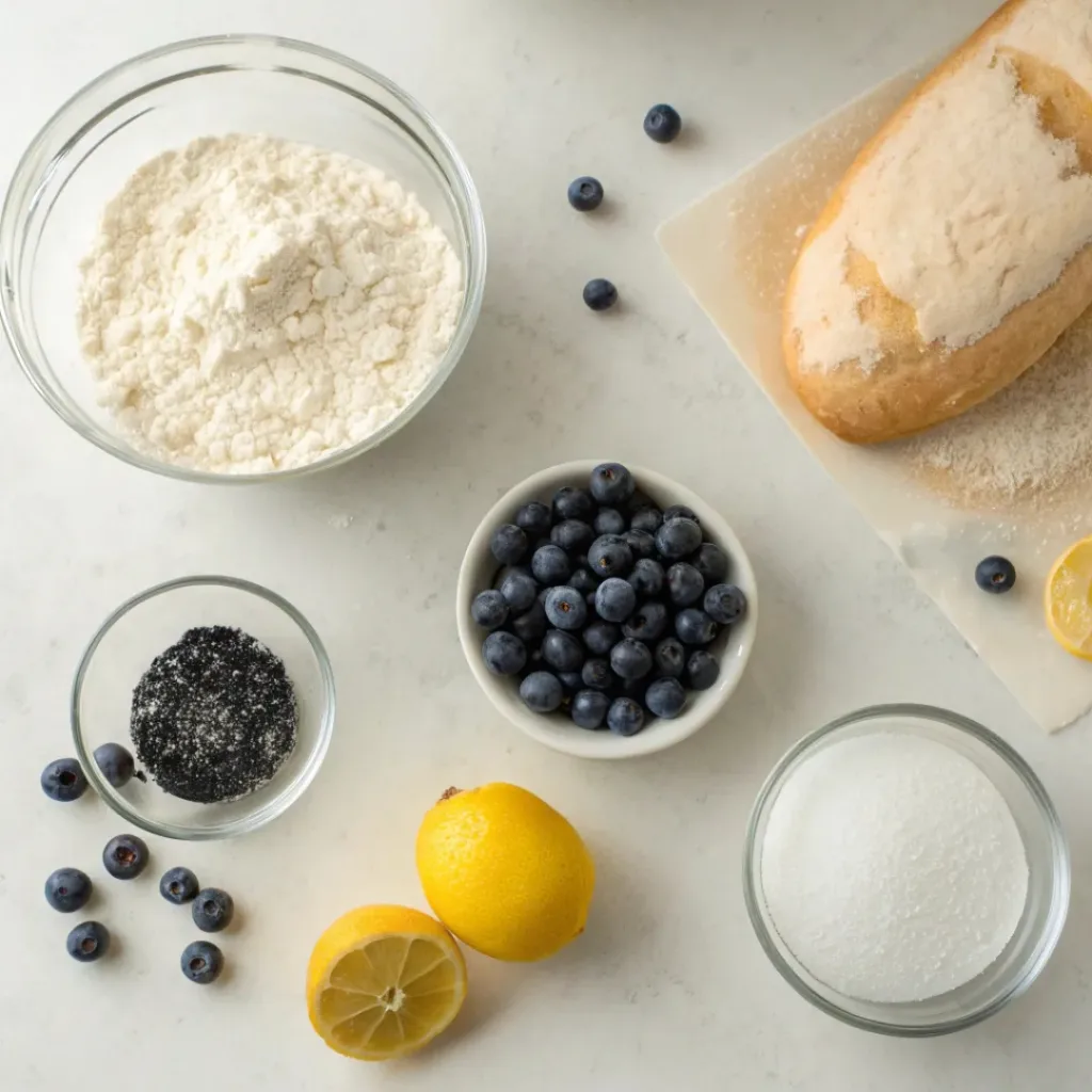 Flat lay of blueberry lemon sourdough bread ingredients