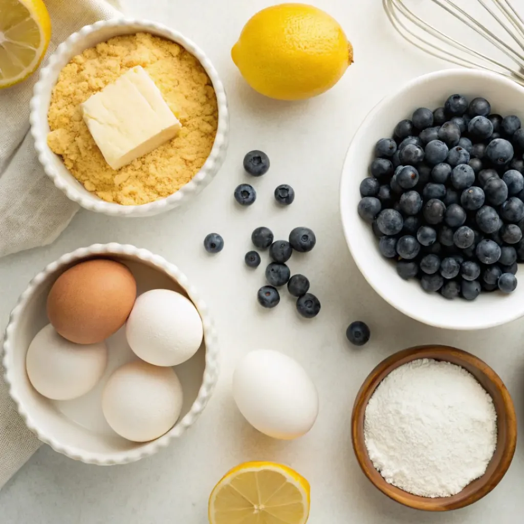 Blueberry lemon tart served with whipped cream 6 Flat lay of blueberry lemon tart ingredients