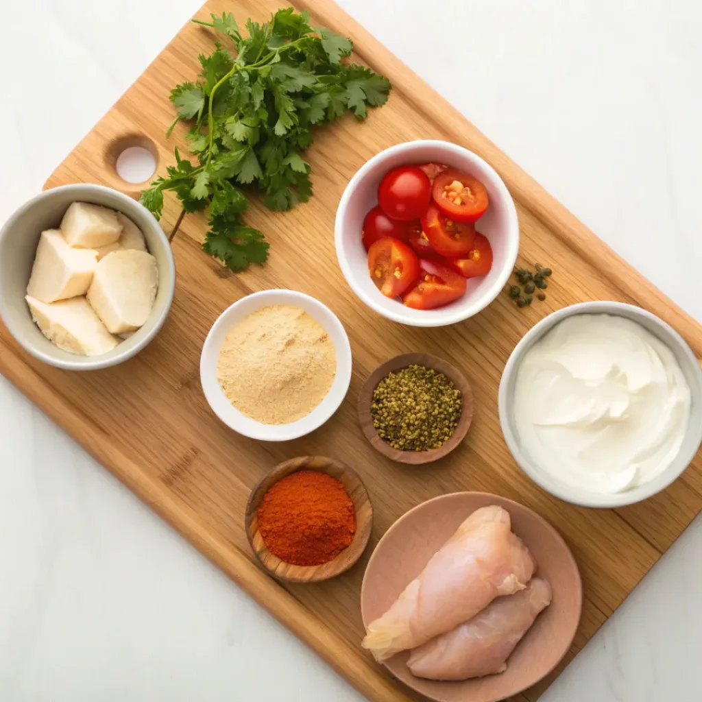 Flat lay of butter chicken ingredients on a wooden board