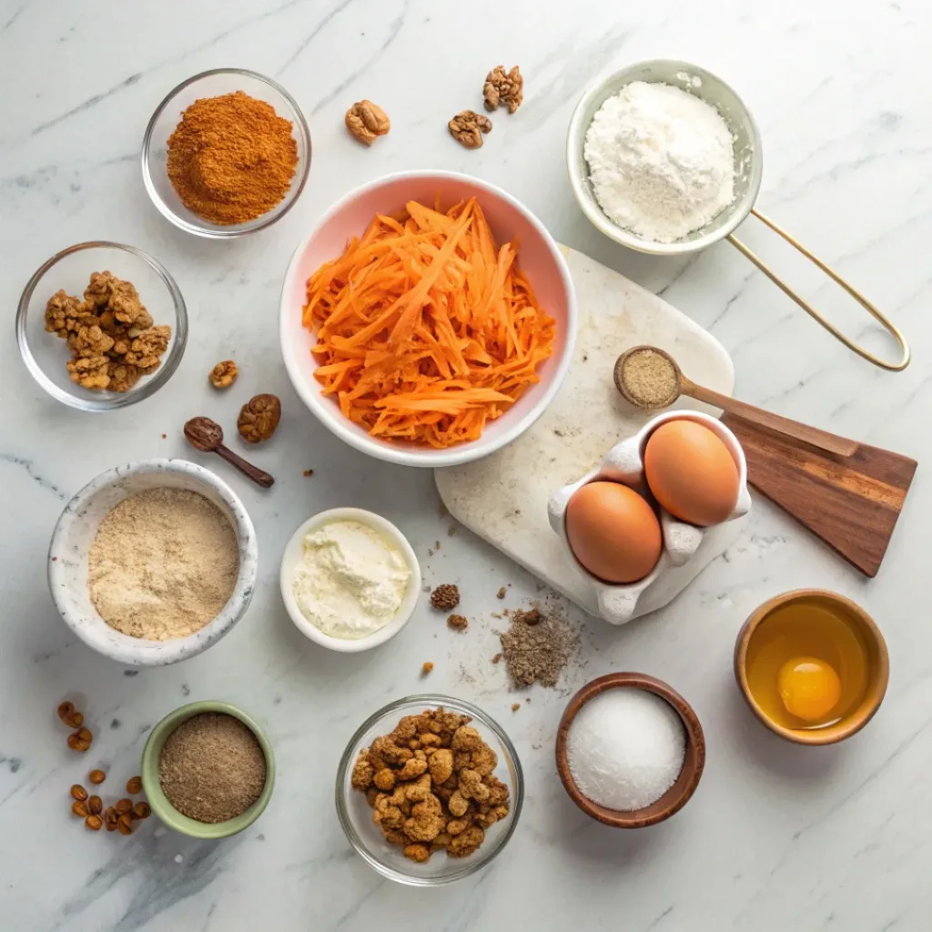 Grated carrots, flour, sugar, eggs, and spices arranged for carrot cake muffins.