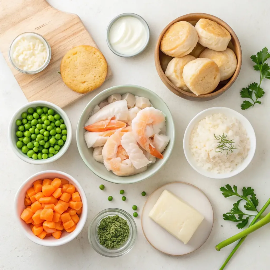 Flat lay of seafood pot pie ingredients