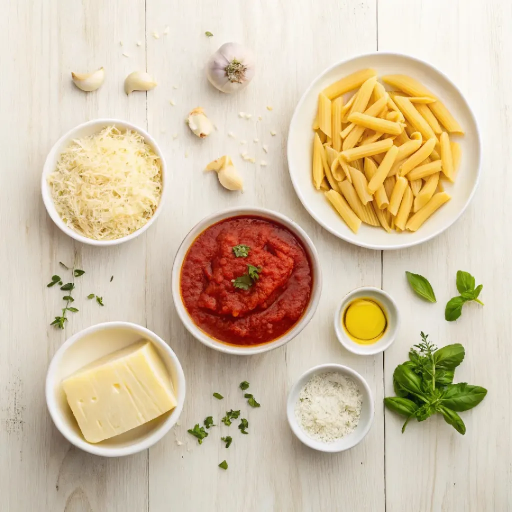 Flat lay of baked mostaccioli ingredients
