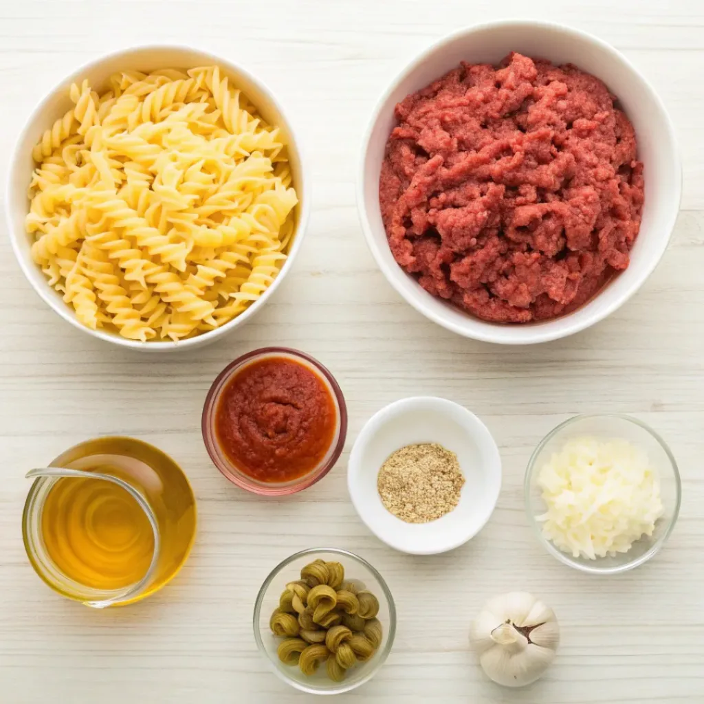 Flat lay of cheesy beef and pasta casserole ingredients