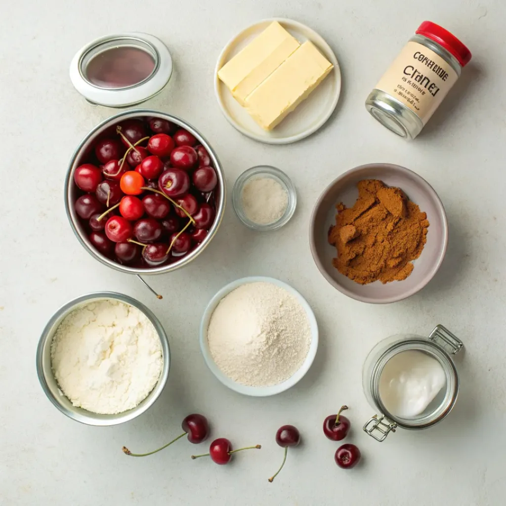 Flat lay of cherry dump cake ingredients