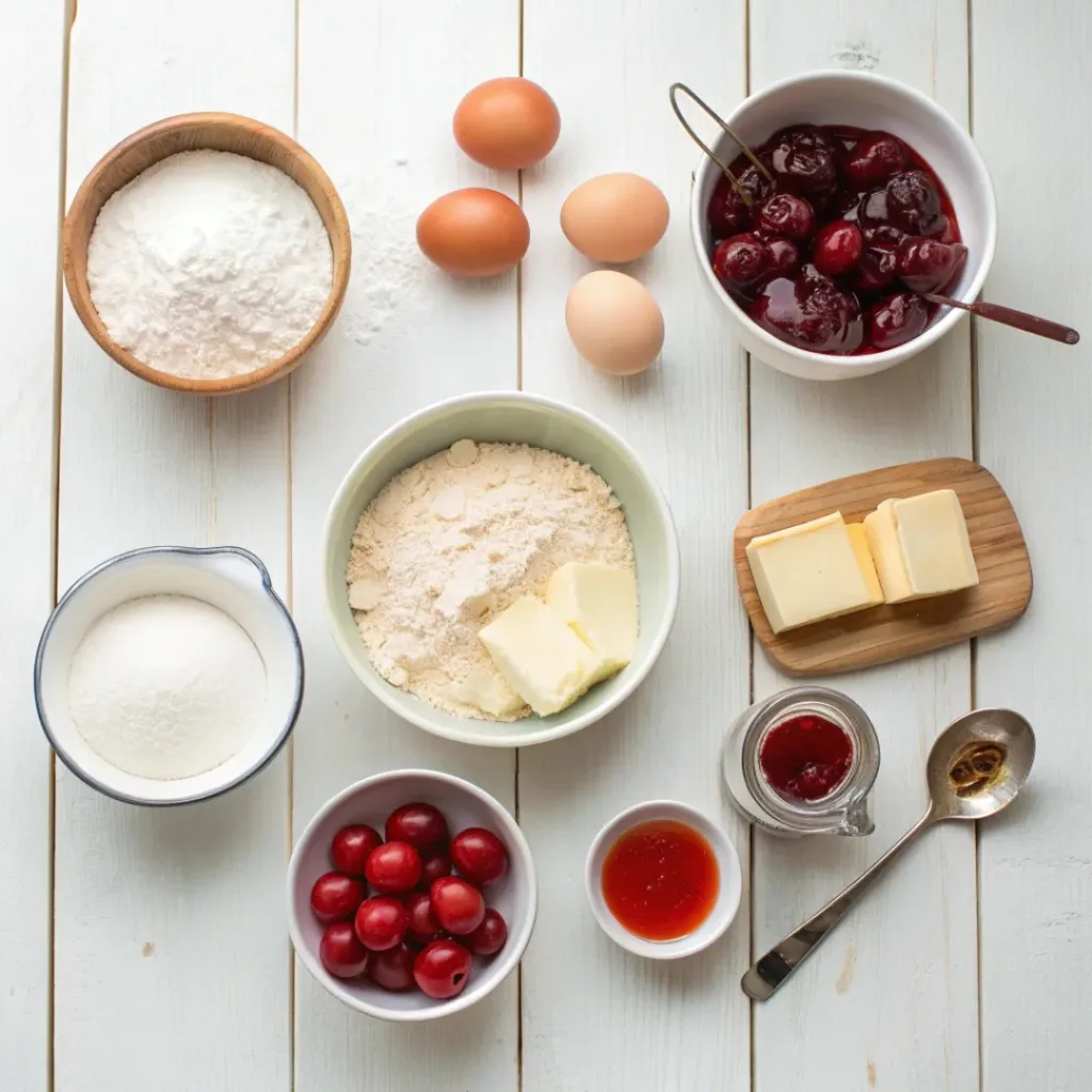 Flat lay of cherry pie cookie ingredients