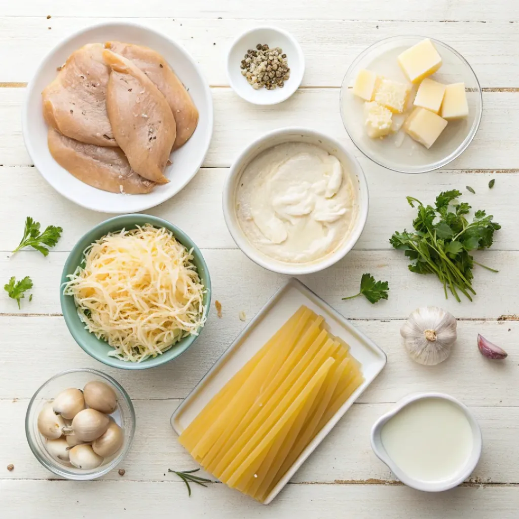 Flat lay of creamy chicken Alfredo lasagna ingredients