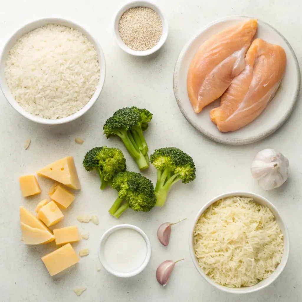 Chicken Broccoli Rice Casserole – Creamy Family Favorite 6 Flat lay of chicken broccoli rice casserole ingredients