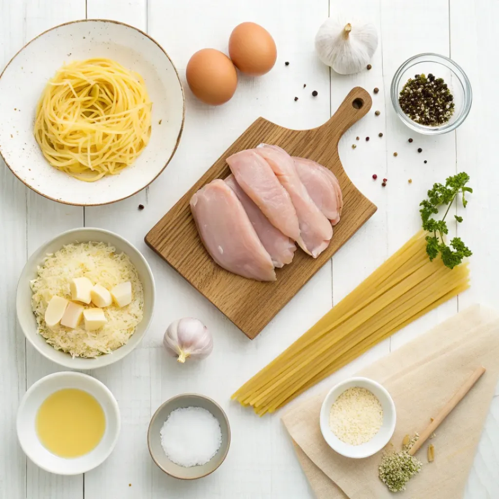 Flat lay of chicken carbonara ingredients