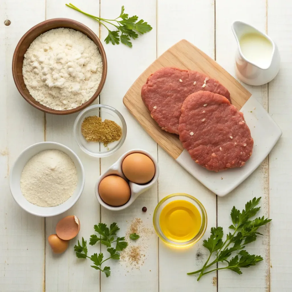 Flat lay of chicken fried steak ingredients