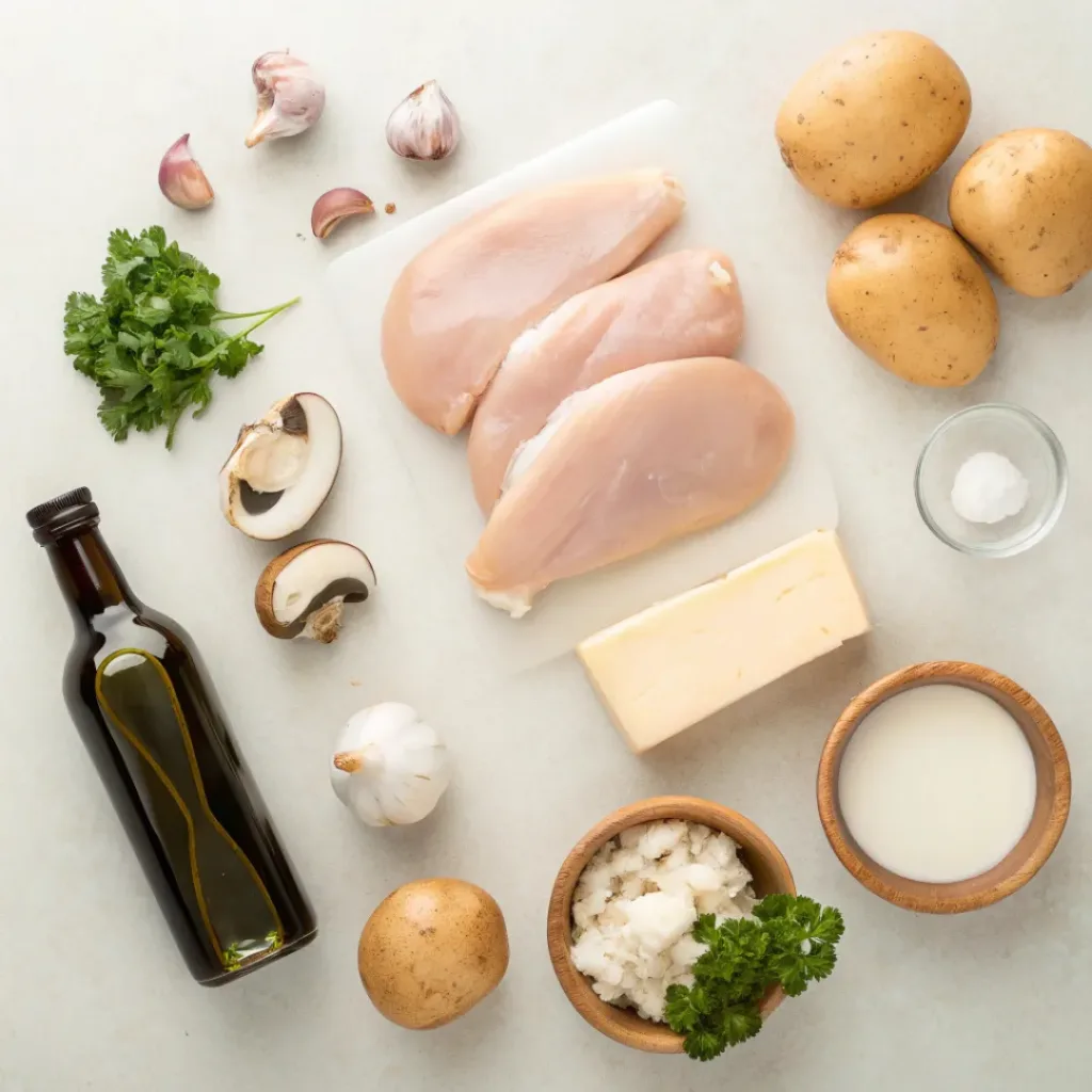 Flat lay of chicken marsala and mashed potatoes ingredients
