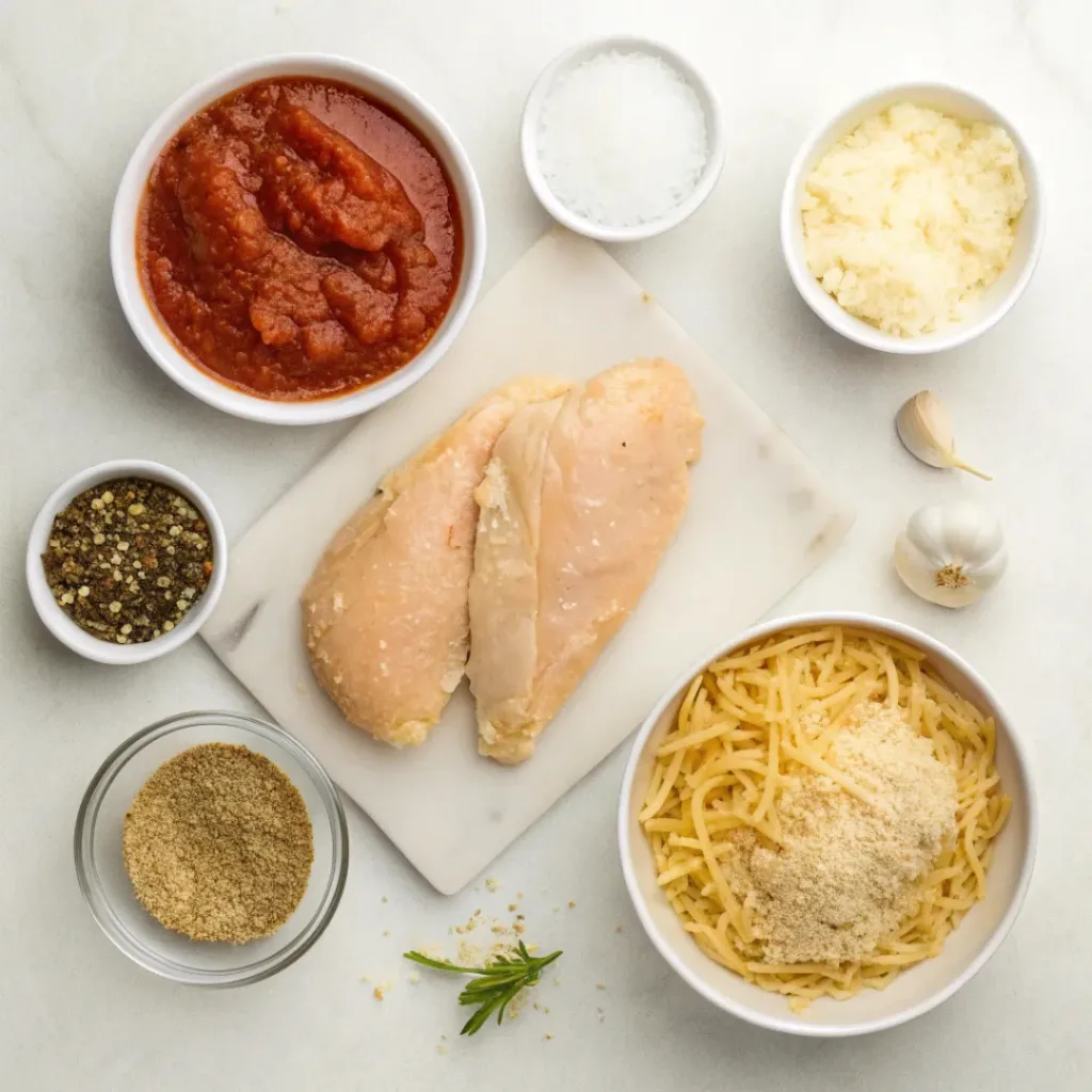 Flat lay of chicken Parmesan casserole ingredients