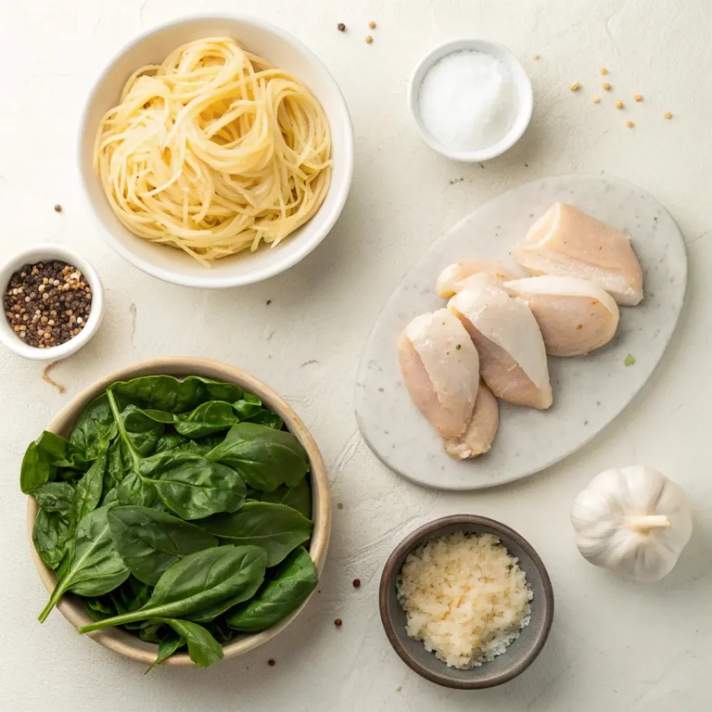 Creamy Chicken and Spinach Pasta Bake 6 Flat lay of chicken spinach pasta bake ingredients