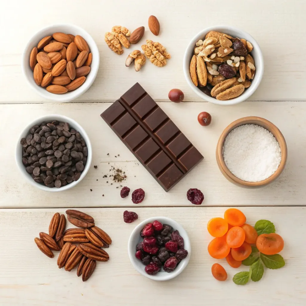 Chocolate Bark with Nuts and Fruit 6 Flat lay of chocolate bark ingredients with nuts and fruit