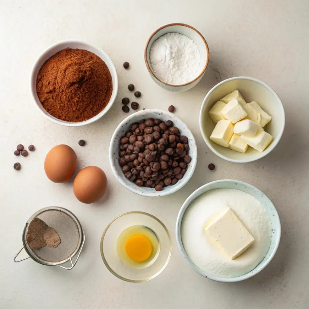 Flat lay of chocolate mug cake ingredients