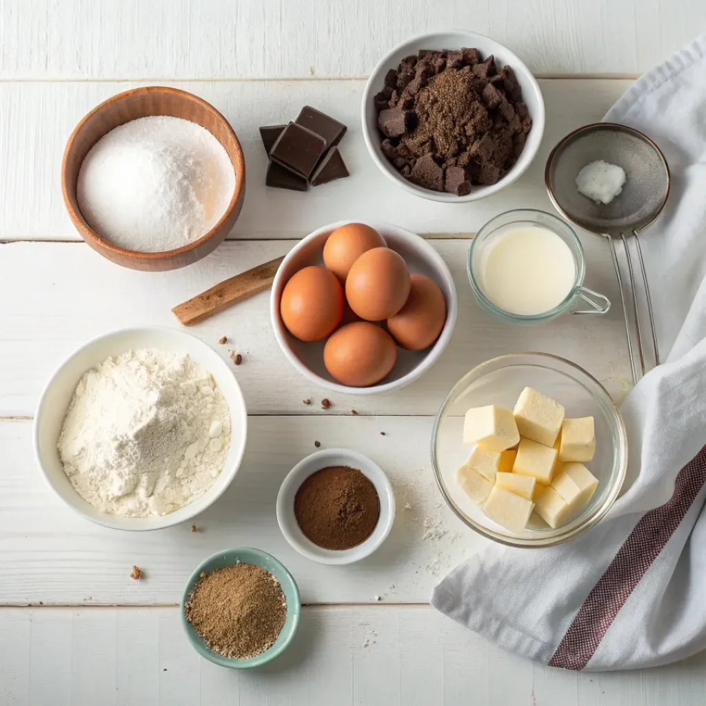 Chocolate Sheet Cake – Moist & Easy Dessert 6 Flat lay of chocolate sheet cake ingredients