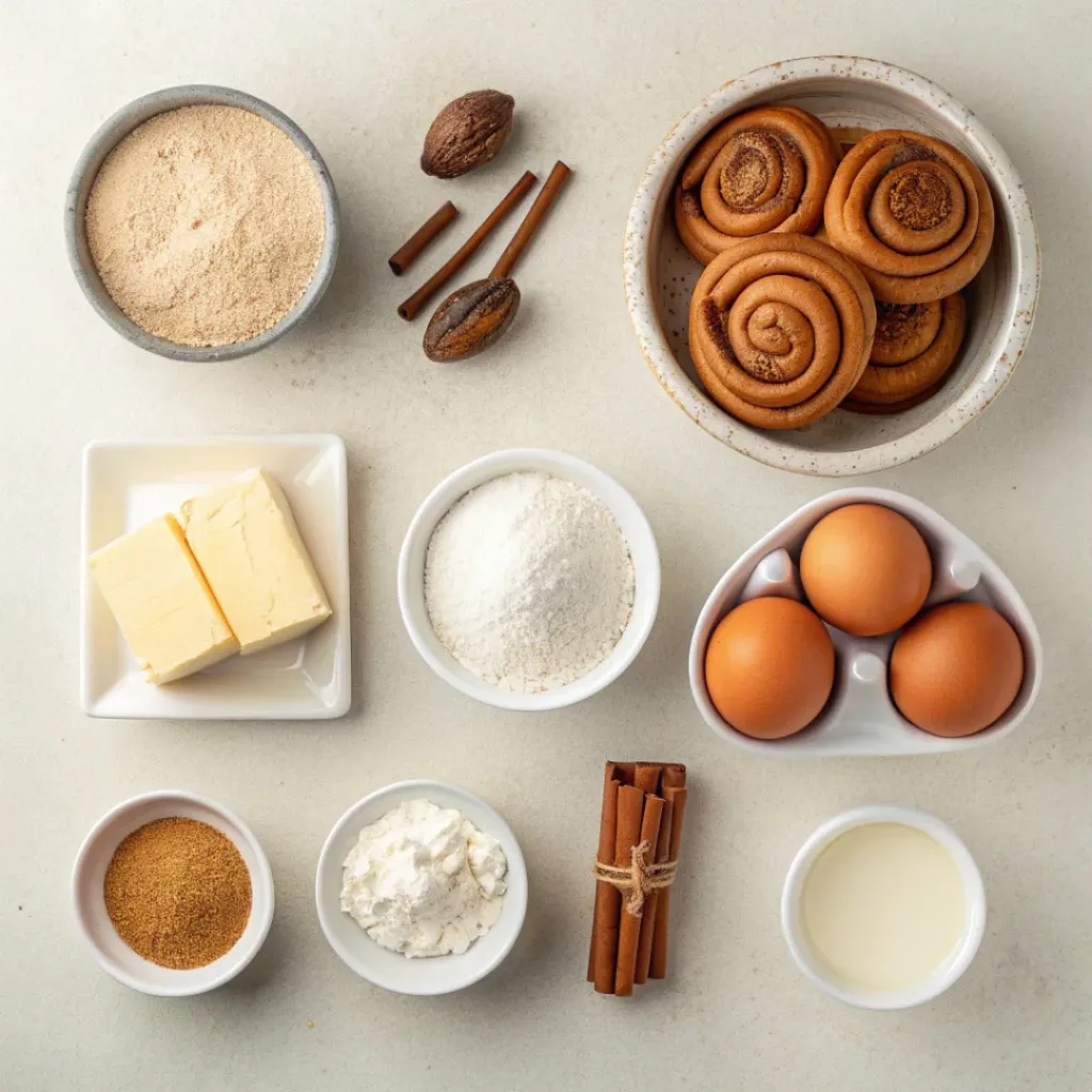 Flat lay of cinnamon roll bliss bar ingredients