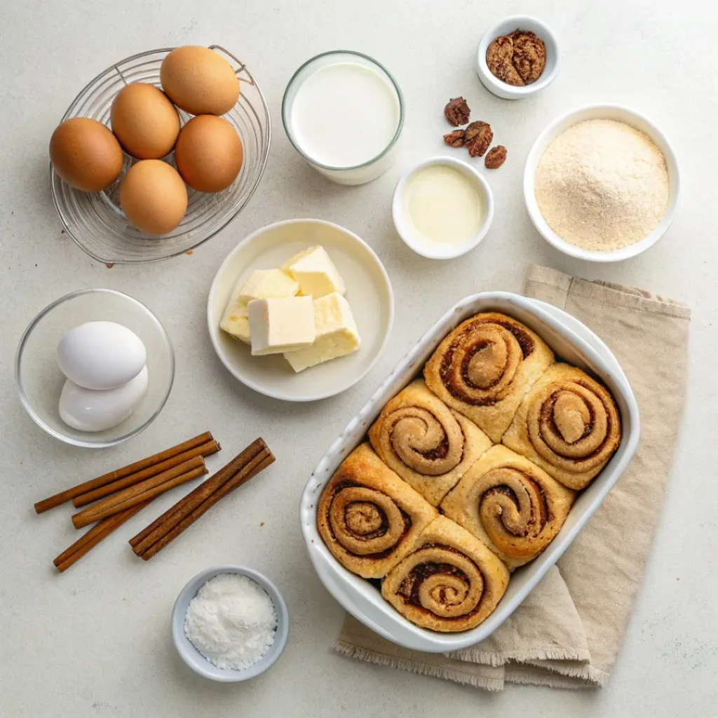 Flat lay of cinnamon roll casserole ingredients