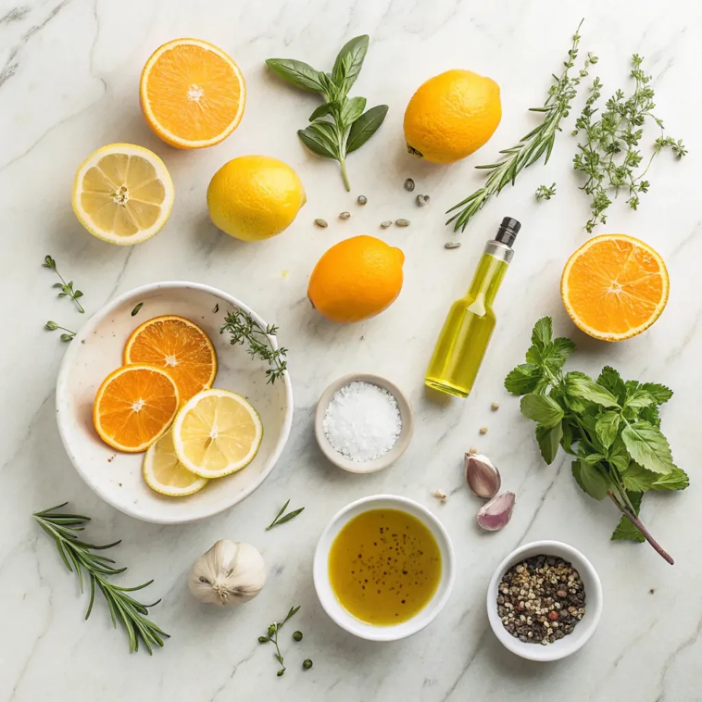 Flat lay of citrus fruits, olive oil, vinegar, honey, and garlic used for citrus vinaigrette.
