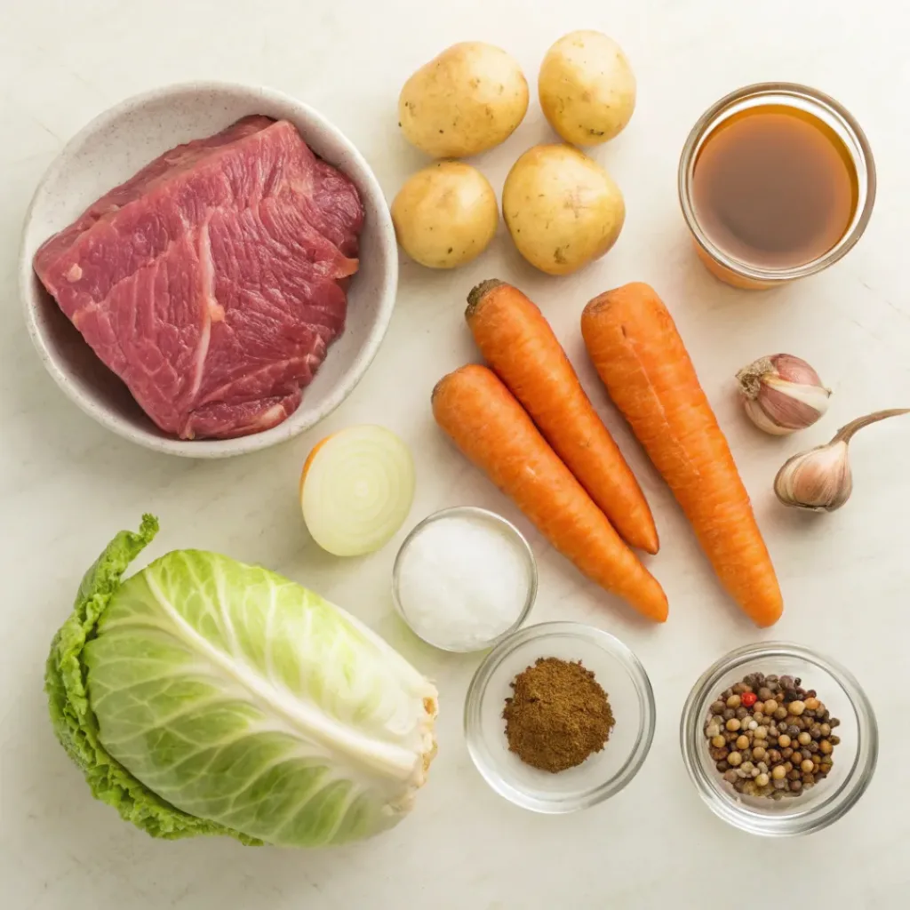 Flat lay of corned beef and cabbage ingredients