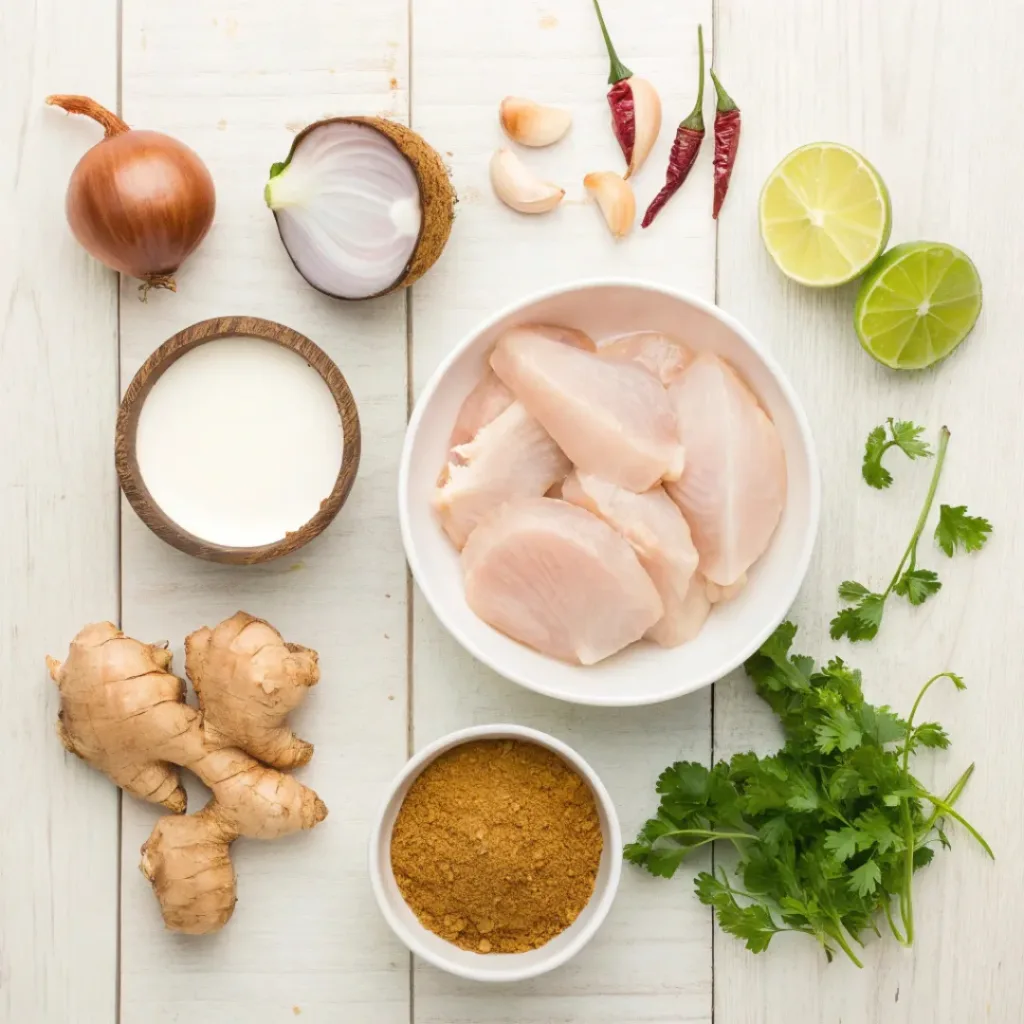 Flat lay of coconut chicken curry ingredients