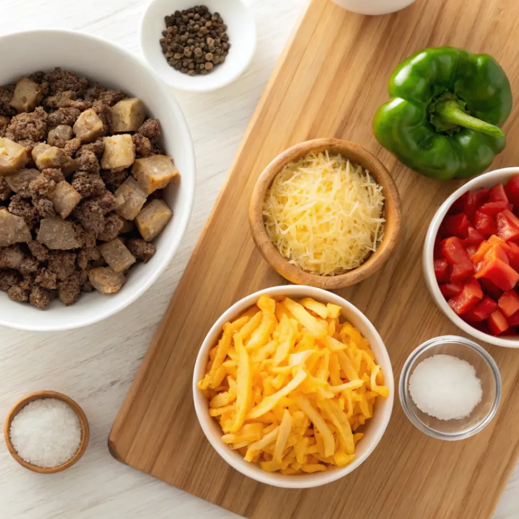 Cowboy Hash – Hearty One-Skillet Dinner 6 Potatoes, ground beef, peppers, onion, and cheddar cheese