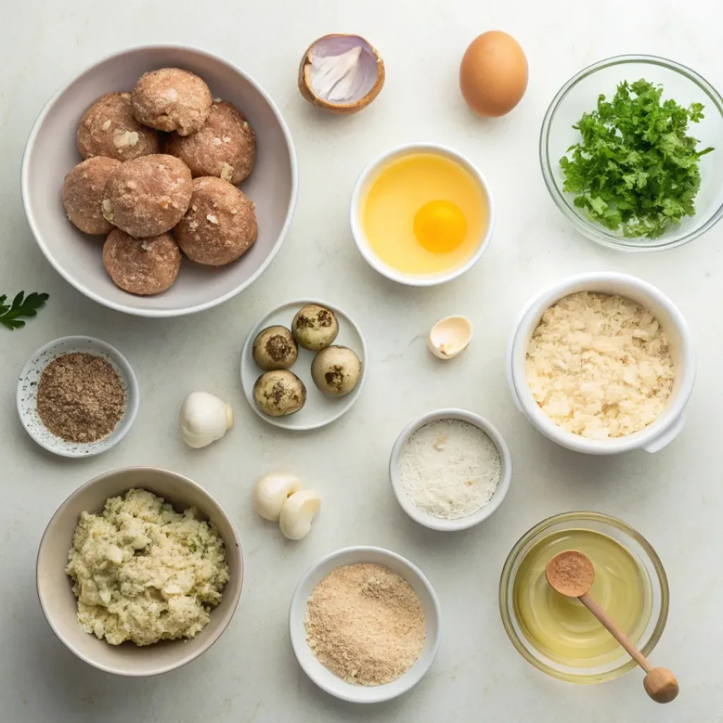 Flat lay of chicken meatball ingredients with mushrooms