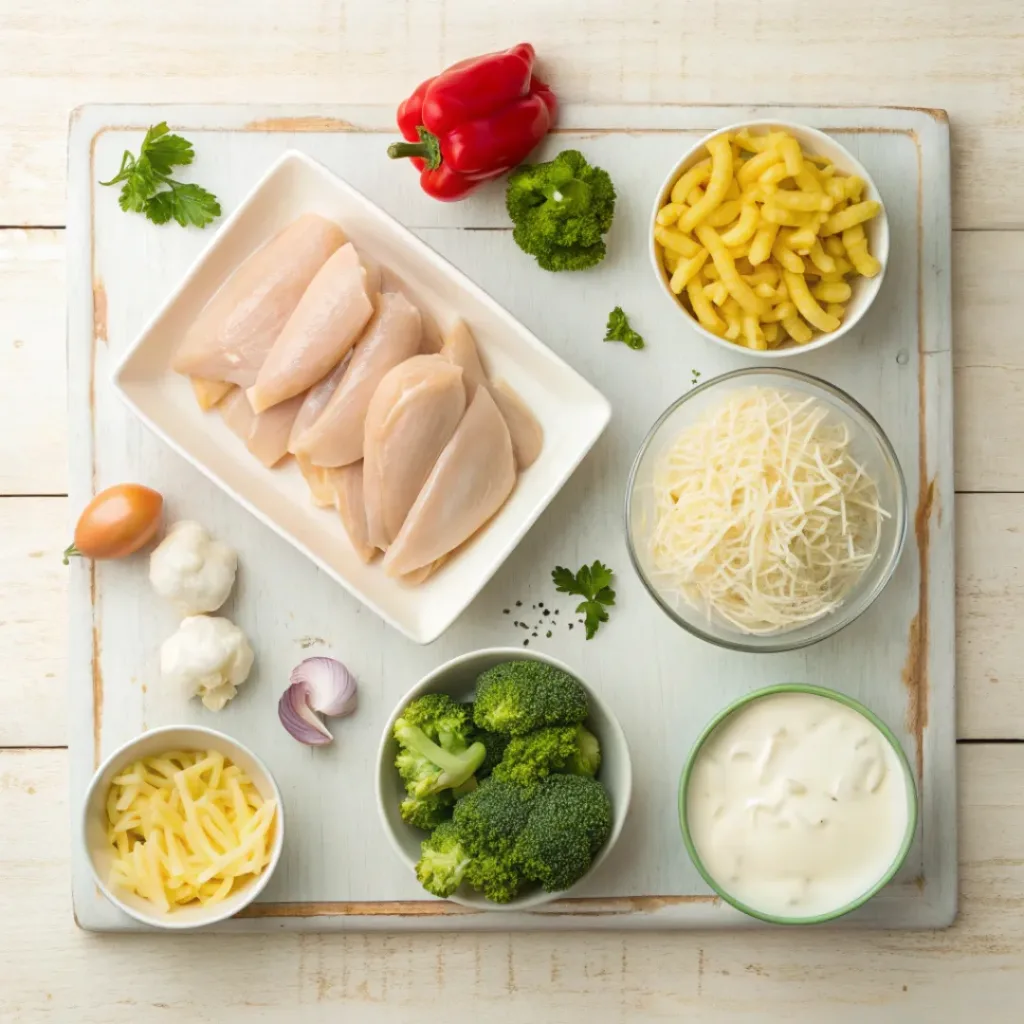 Flat lay of creamy ranch chicken casserole ingredients