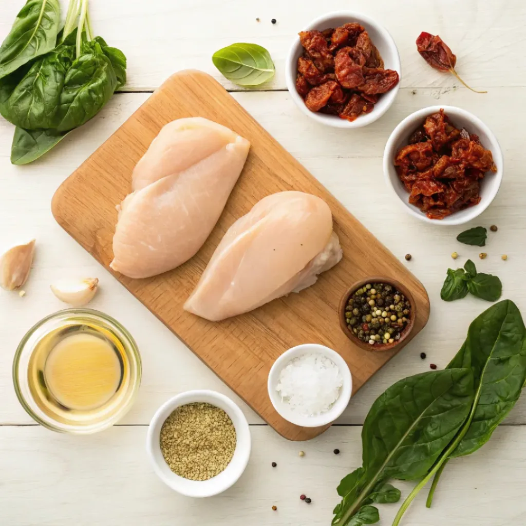 Flat lay of creamy Tuscan chicken skillet ingredients