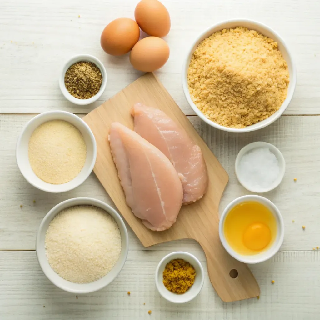 Flat lay of chicken katsu ingredients