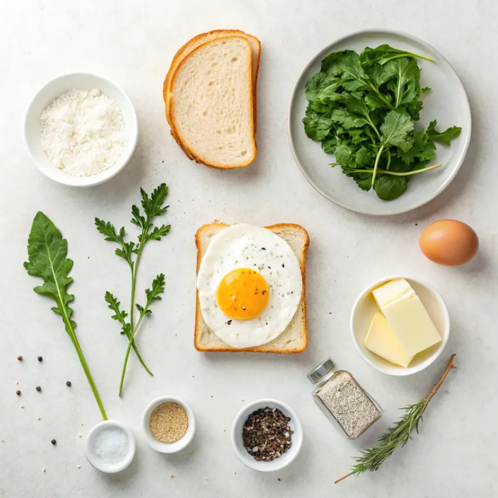 Flat lay of fried egg sandwich ingredients