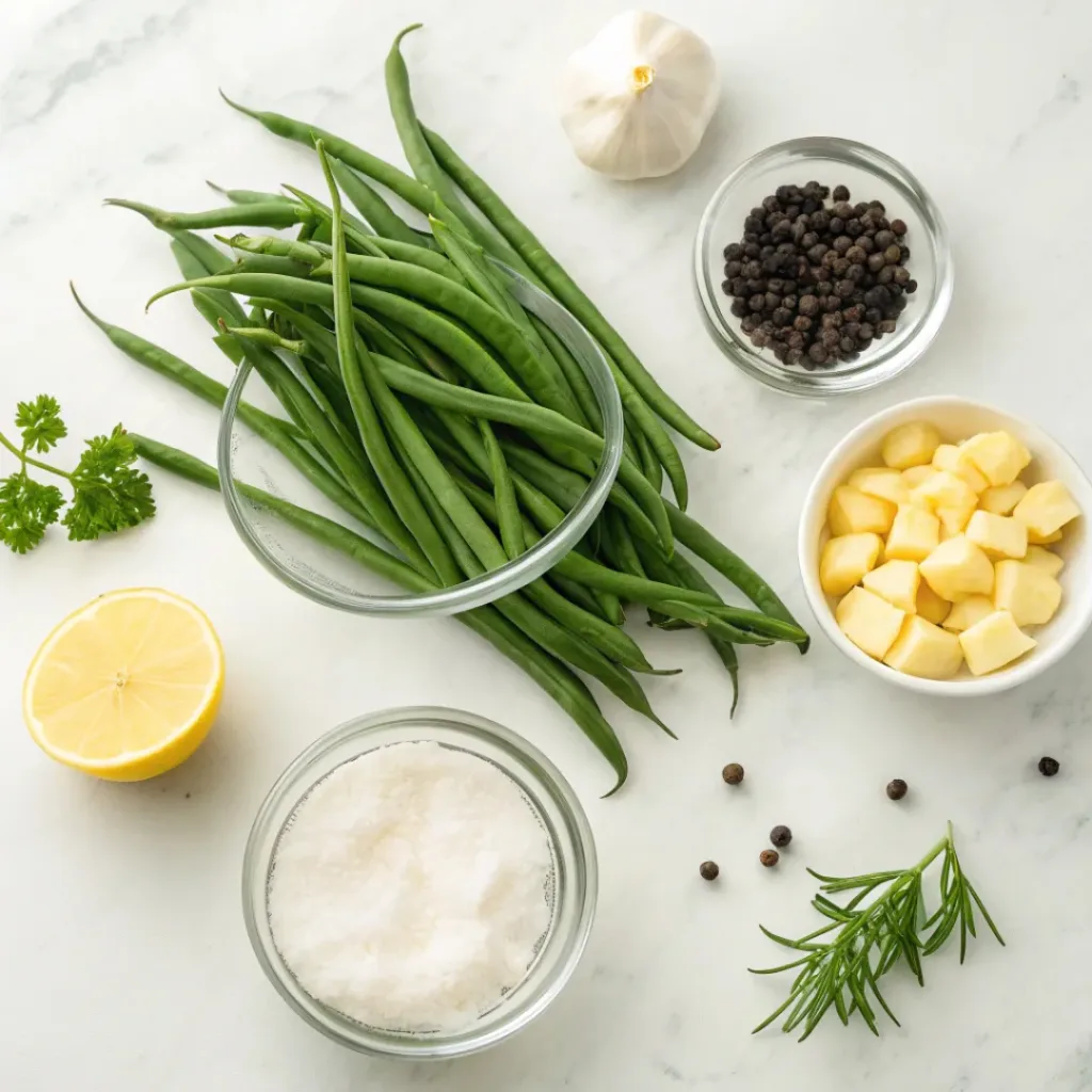 Green beans, butter, garlic, salt, and pepper on marble surface