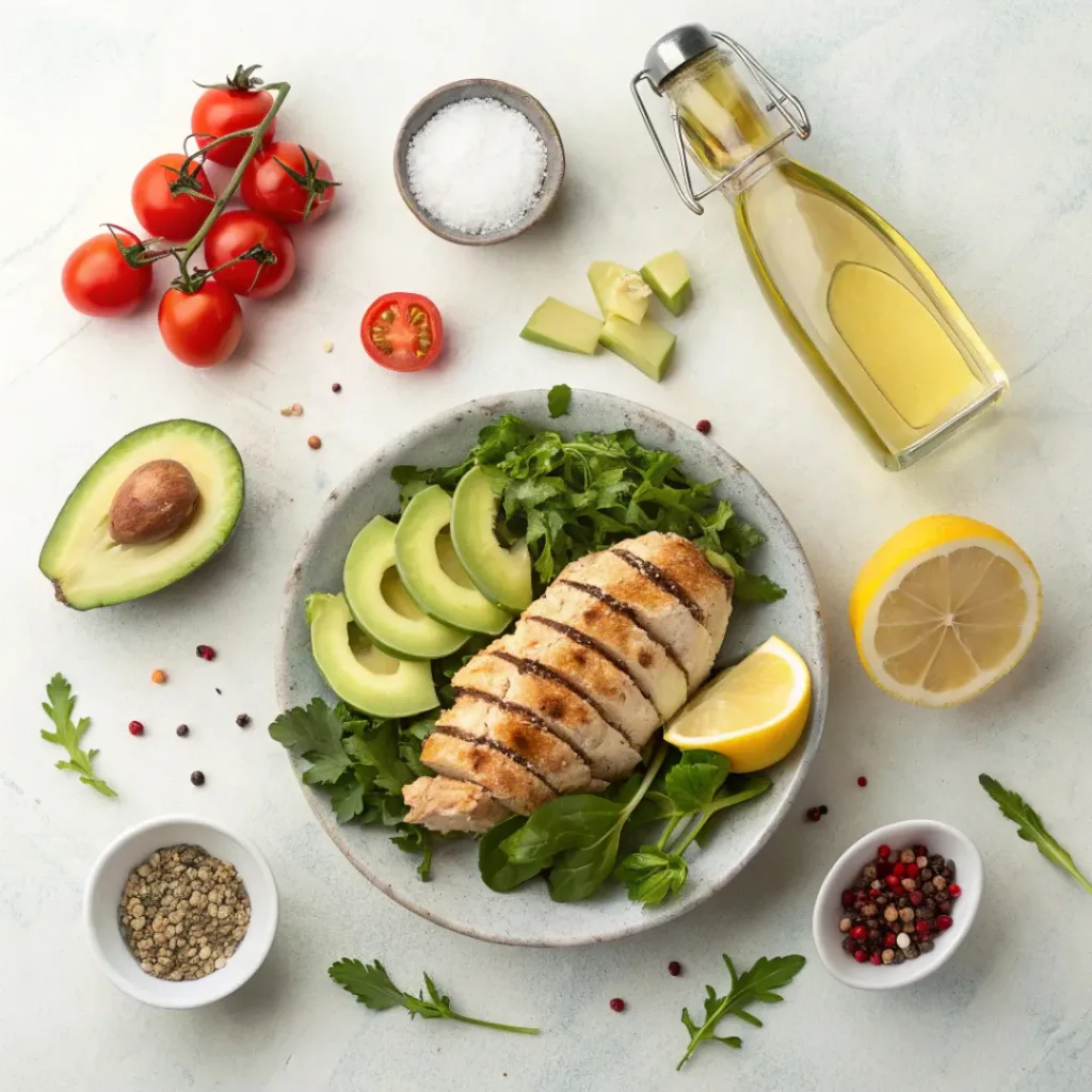 Flat lay of grilled chicken avocado salad ingredients