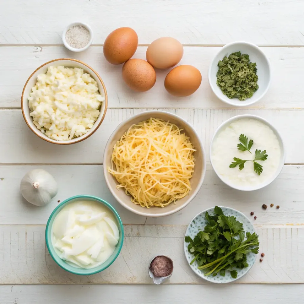 Flat lay of hash brown casserole ingredients
