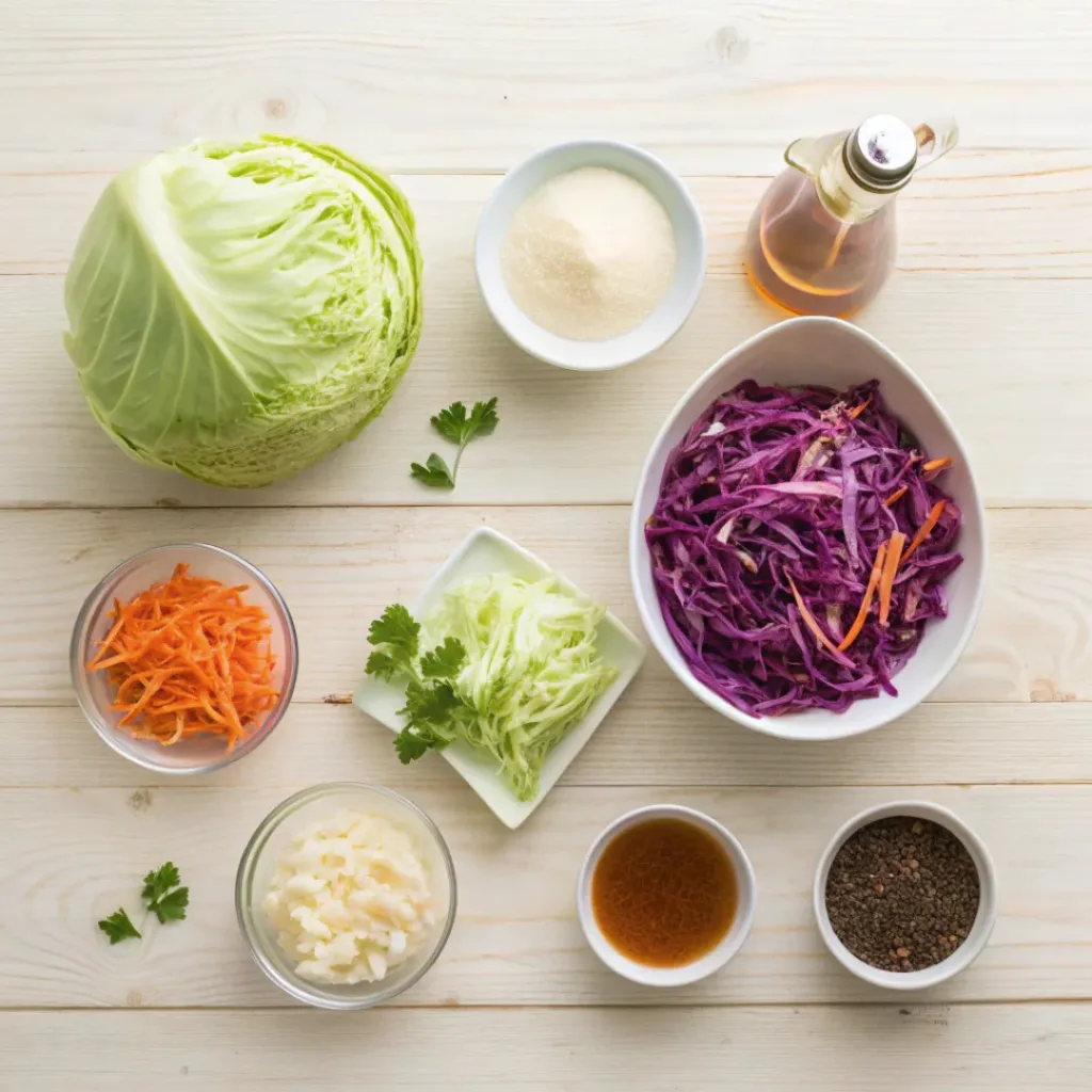 Flat lay of coleslaw ingredients